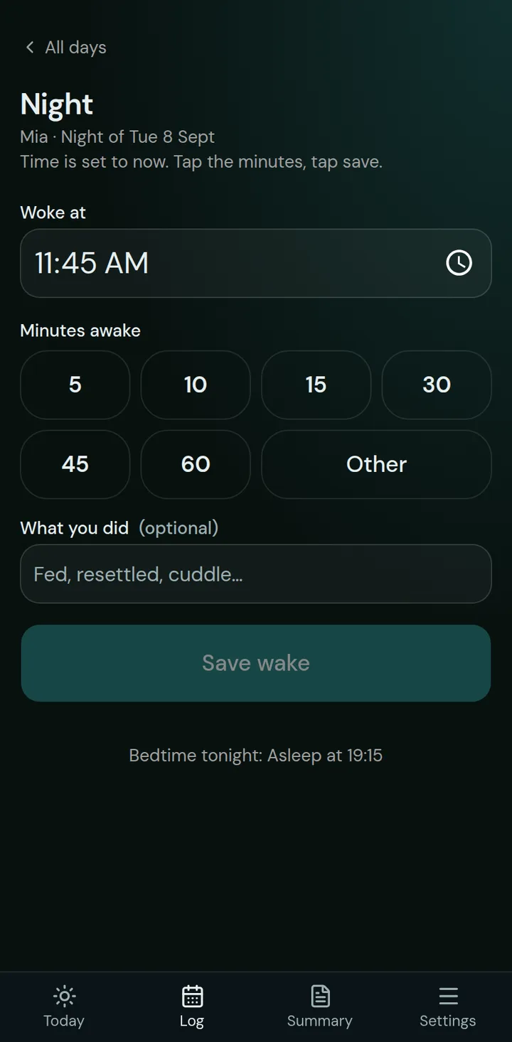 Night screen: log a wake with one hand, always dark.